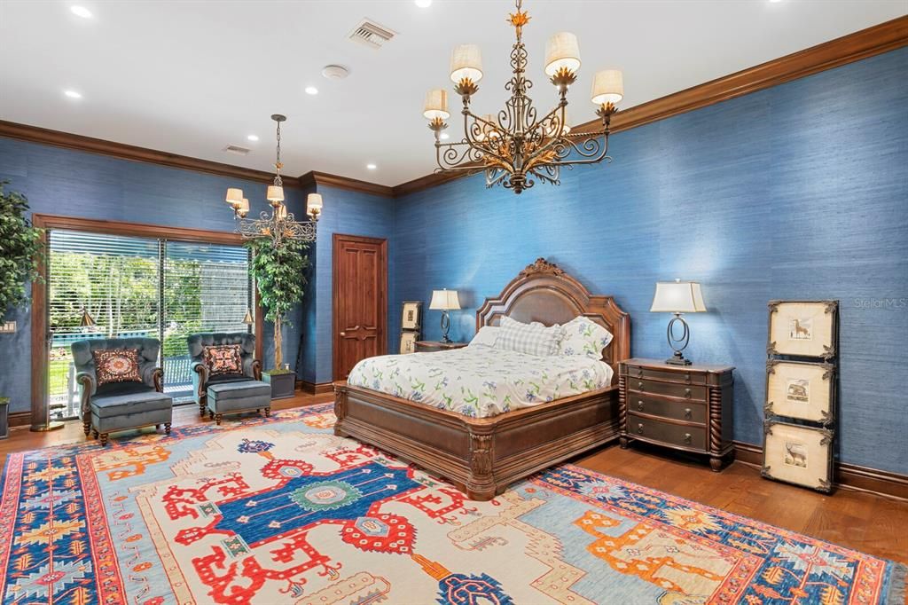 Bedroom, Chandelier, Interior, Recessed Lighting, Wood Texture Flooring