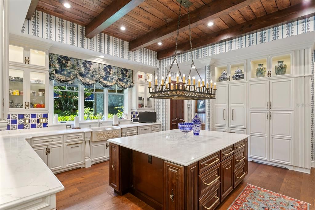 Chandelier, Interior, Kitchen, Recessed Lighting, Wooden Beams, Wooden Ceilings, Wood Texture Flooring