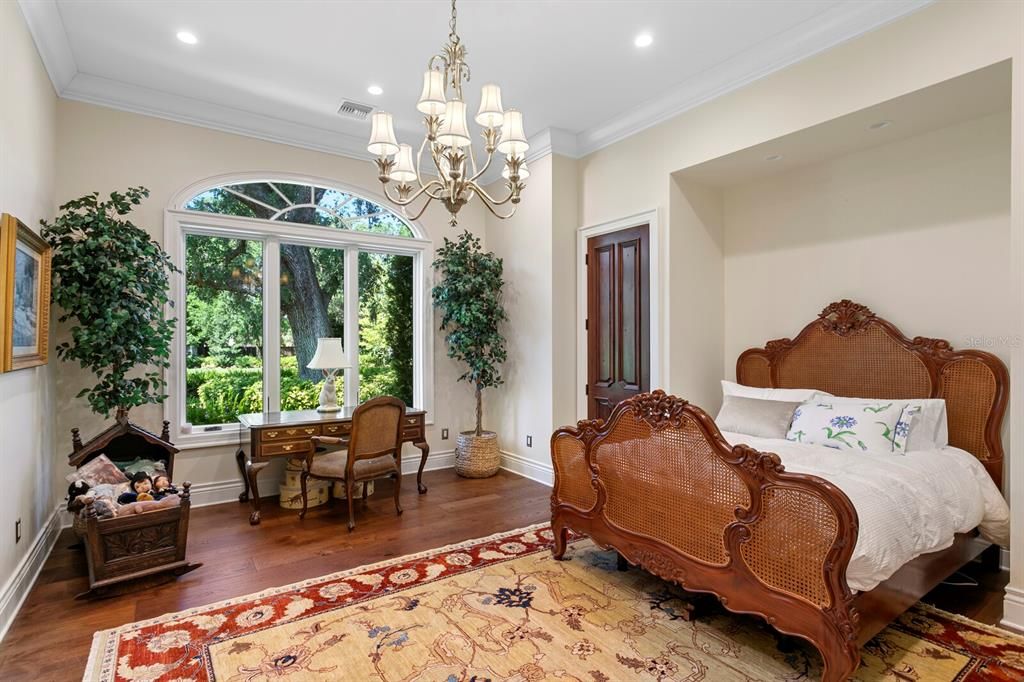 Bedroom, Chandelier, Home Office, Interior, Recessed Lighting, Wood Texture Flooring