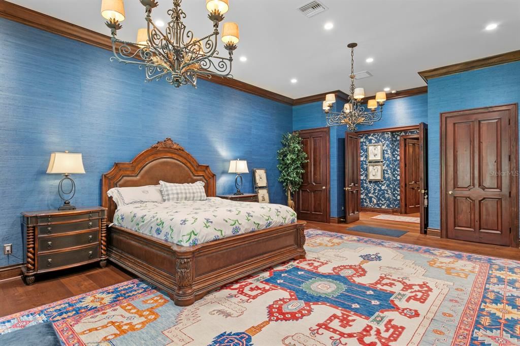 Bedroom, Chandelier, Interior, Recessed Lighting, Wood Texture Flooring