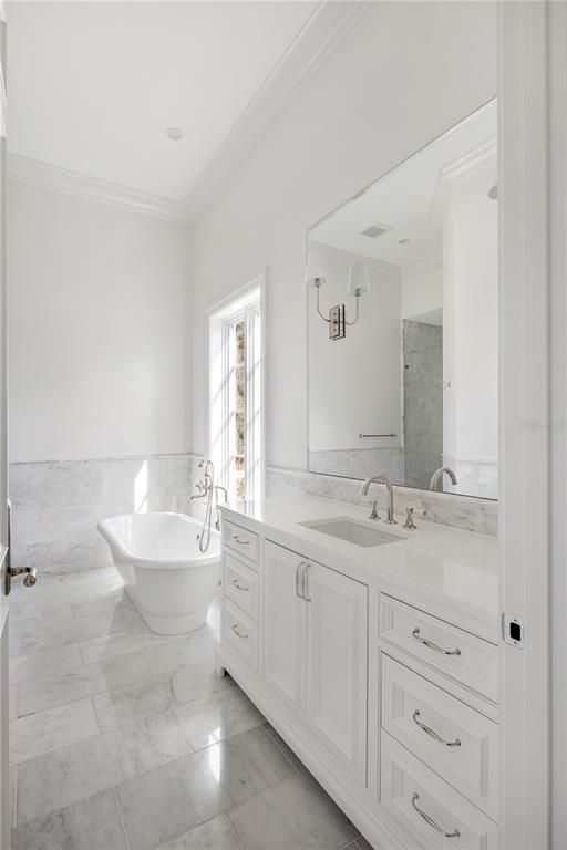 Bathroom, Dual Sink Vanities, Free Standing Baths, Interior, Marble