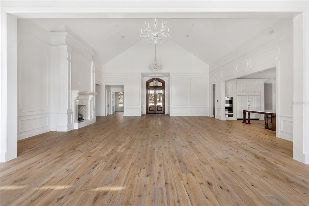 Chandelier, Empty room, Fireplace, Interior, Wood Texture Flooring
