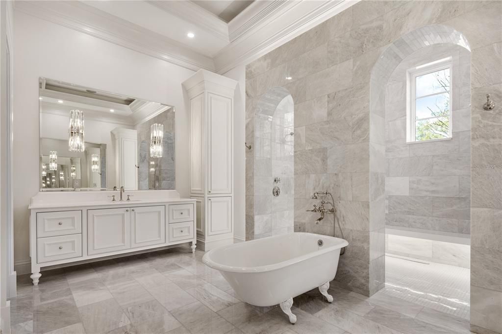 Bathroom, Dual Sink Vanities, Free Standing Baths, Glass Shower, Interior, Marble Walls, Recessed Lighting