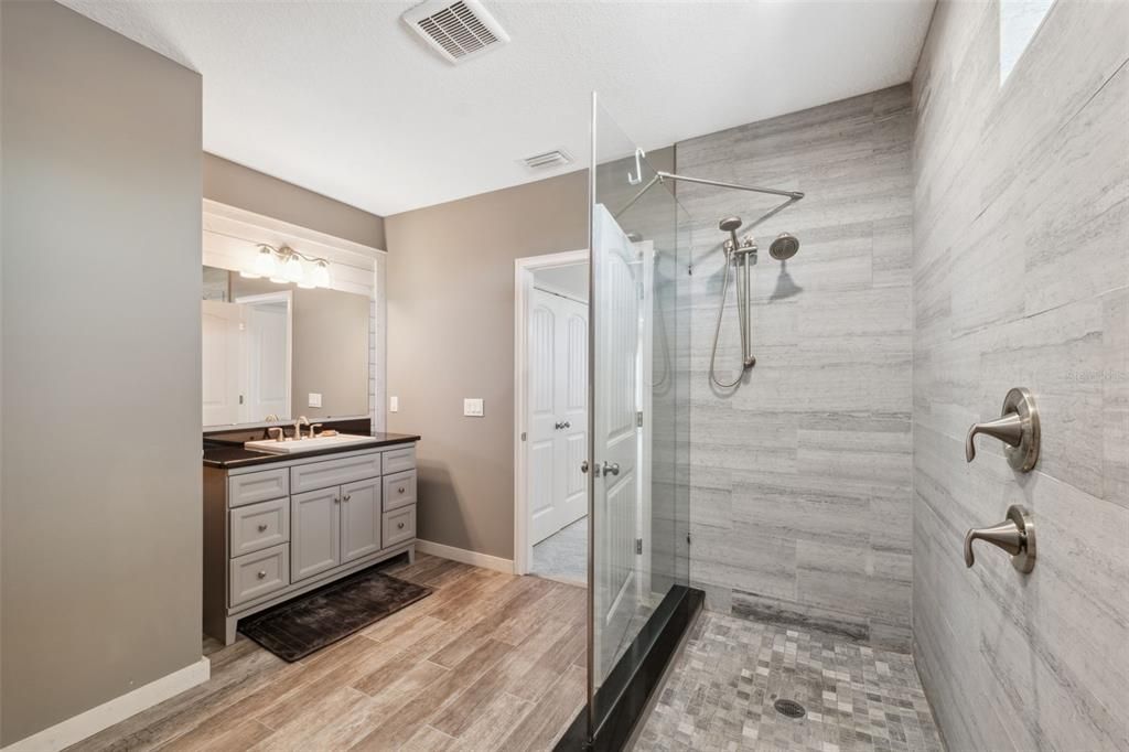 Bathroom, Glass Shower, Interior, Wood Texture Flooring