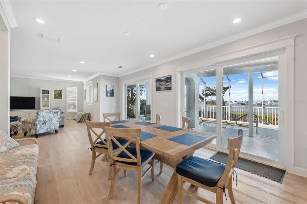 Dining room, Interior, Living room, Recessed Lighting, Wood Texture Flooring