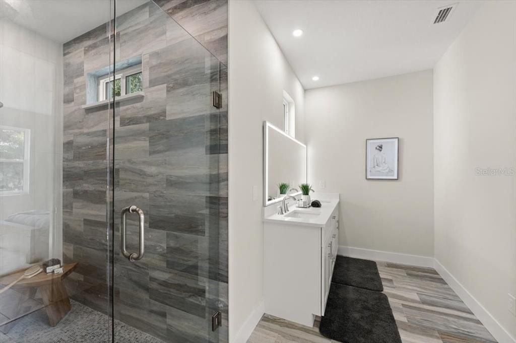 Bathroom, Glass Shower, Interior, Recessed Lighting, Wood Texture Flooring