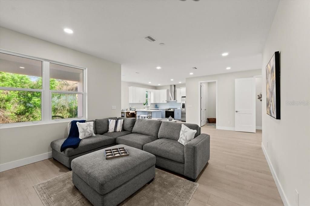 Interior, Kitchen, Living room, Recessed Lighting, Wood Texture Flooring