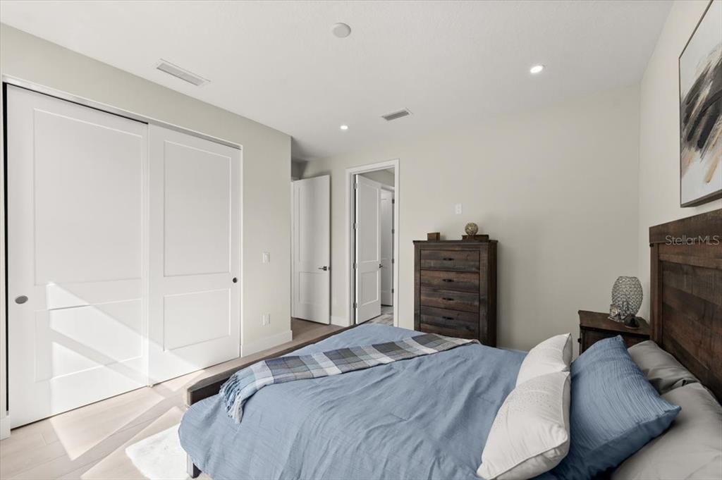 Bedroom, Interior, Recessed Lighting, Wood Texture Flooring