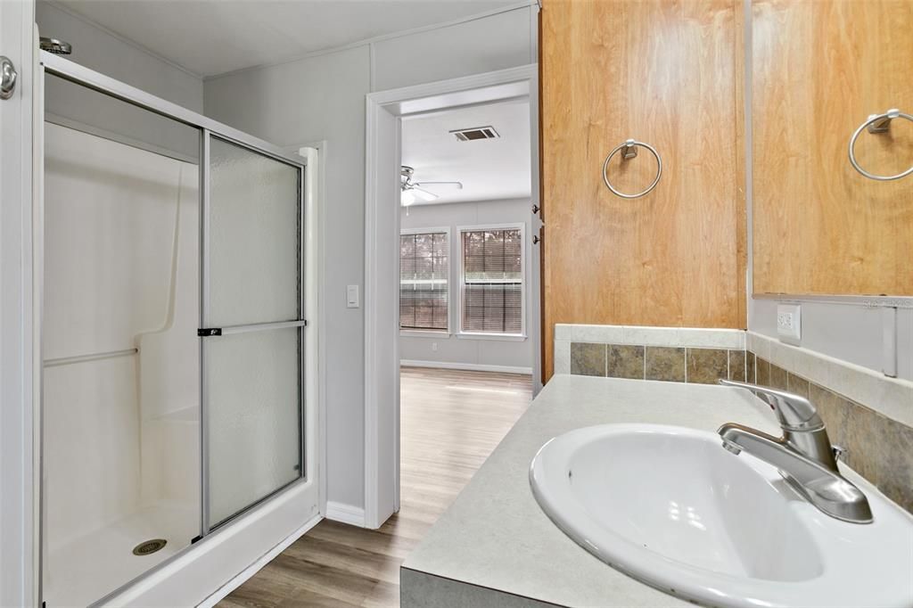 Bathroom, Glass Shower, Interior, Wood Texture Flooring