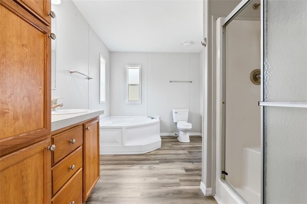 Bathroom, Glass Shower, Interior, Wood Texture Flooring