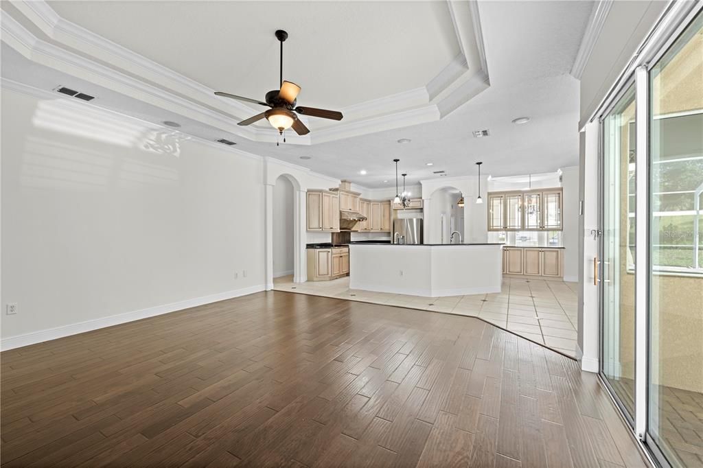 Empty room, Interior, Kitchen, Pendant Lights, Recessed Lighting, Wood Texture Flooring