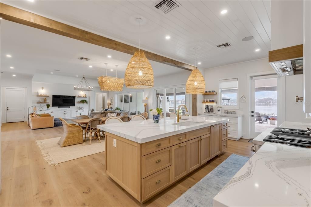 Chandelier, Dining room, Interior, Kitchen, Living room, Pendant Lights, Recessed Lighting, Wood Texture Flooring