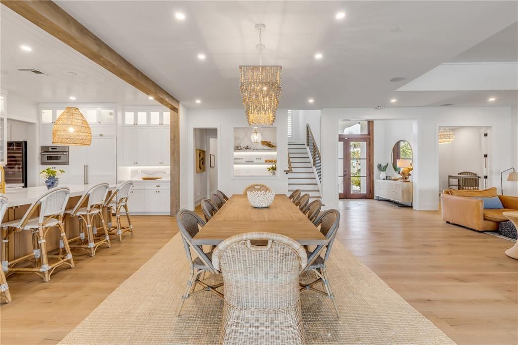 Chandelier, Dining room, Interior, Kitchen, Recessed Lighting, Wooden Beams, Wood Texture Flooring