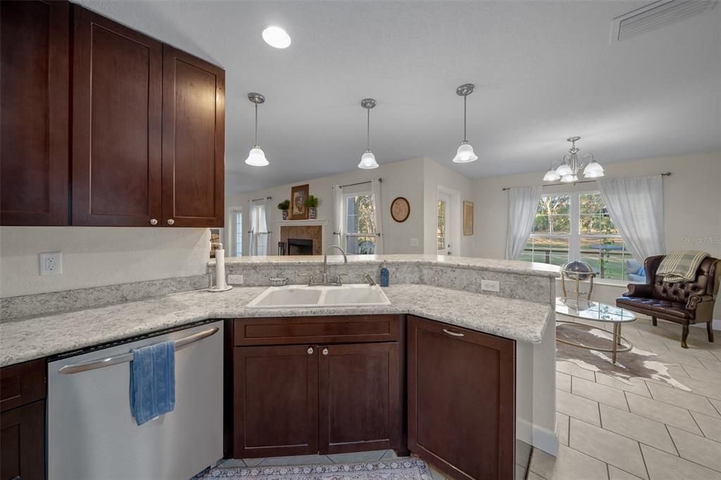 Fireplace, Interior, Kitchen, Pendant Lights, Recessed Lighting