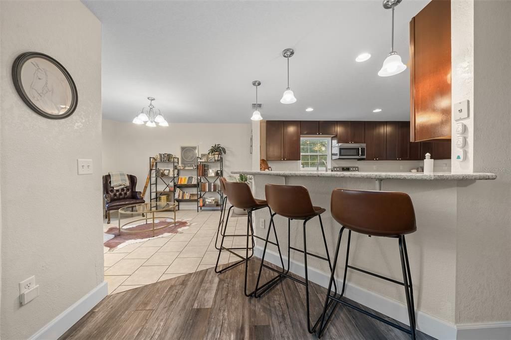 Interior, Kitchen, Pendant Lights, Recessed Lighting, Wood Texture Flooring