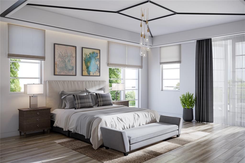 Bedroom, Interior, Pendant Lights, Wood Texture Flooring