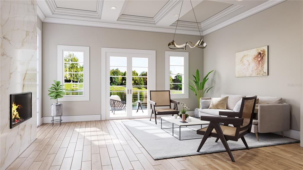 Fireplace, Interior, Living room, Pendant Lights, Recessed Lighting, Wood Texture Flooring