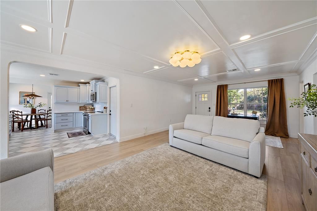 Dining room, Interior, Kitchen, Living room, Recessed Lighting, Wood Texture Flooring