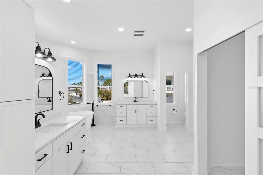 Bathroom, Dual Sink Vanities, Interior, Marble, Recessed Lighting