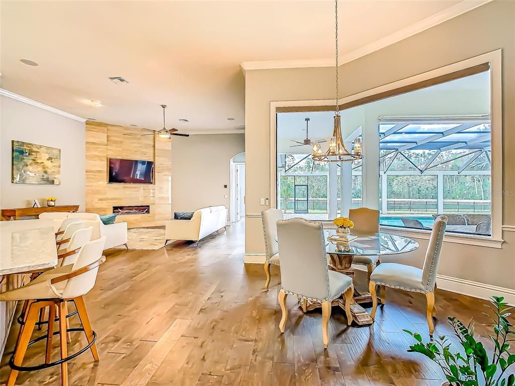 Dining room, Fireplace, Glass Ceilings, Interior, Living room, Pendant Lights, Recessed Lighting, Sun Room, Wood Texture Flooring