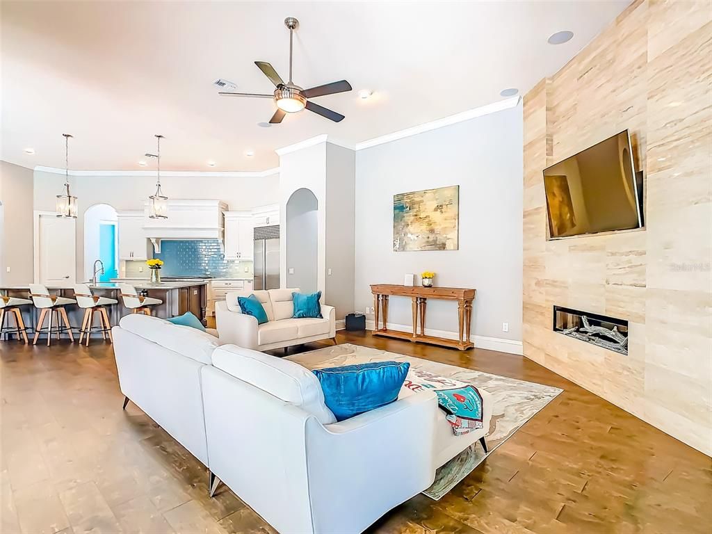 Dining room, Fireplace, Interior, Kitchen, Living room, Pendant Lights, Recessed Lighting, Wood Texture Flooring