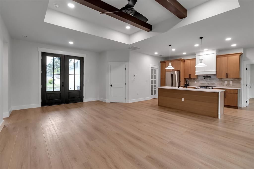 Interior, Kitchen, Pendant Lights, Recessed Lighting, Stainless Steel Appliances, Wooden Beams, Wood Texture Flooring
