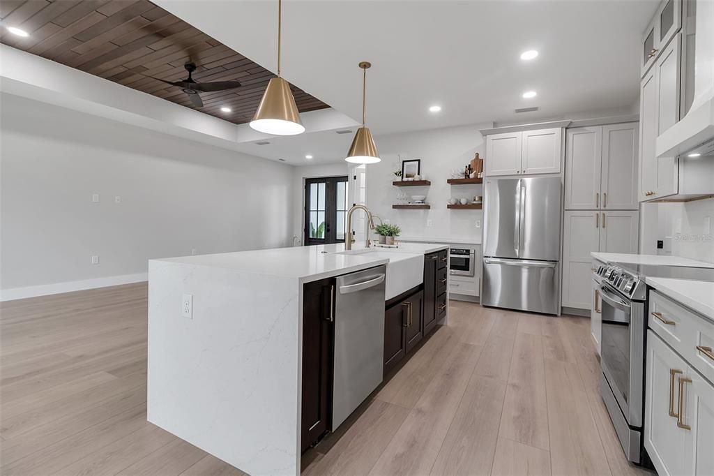 Interior, Kitchen, Pendant Lights, Recessed Lighting, Stainless Steel Appliances, Wooden Ceilings, Wood Texture Flooring