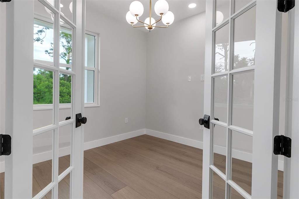Chandelier, Empty room, Interior, Recessed Lighting, Wood Texture Flooring