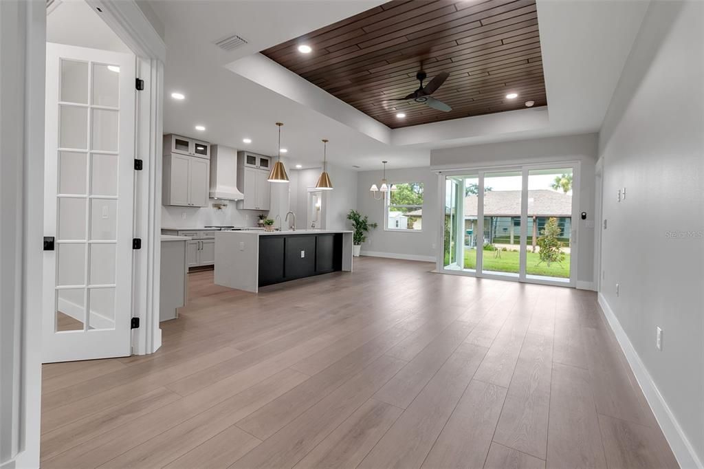 Interior, Kitchen, Pendant Lights, Recessed Lighting, Wooden Ceilings, Wood Texture Flooring
