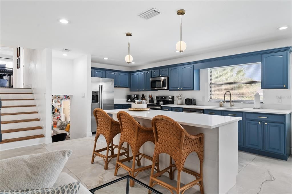 Interior, Kitchen, Marble, Pendant Lights, Recessed Lighting, Stainless Steel Appliances