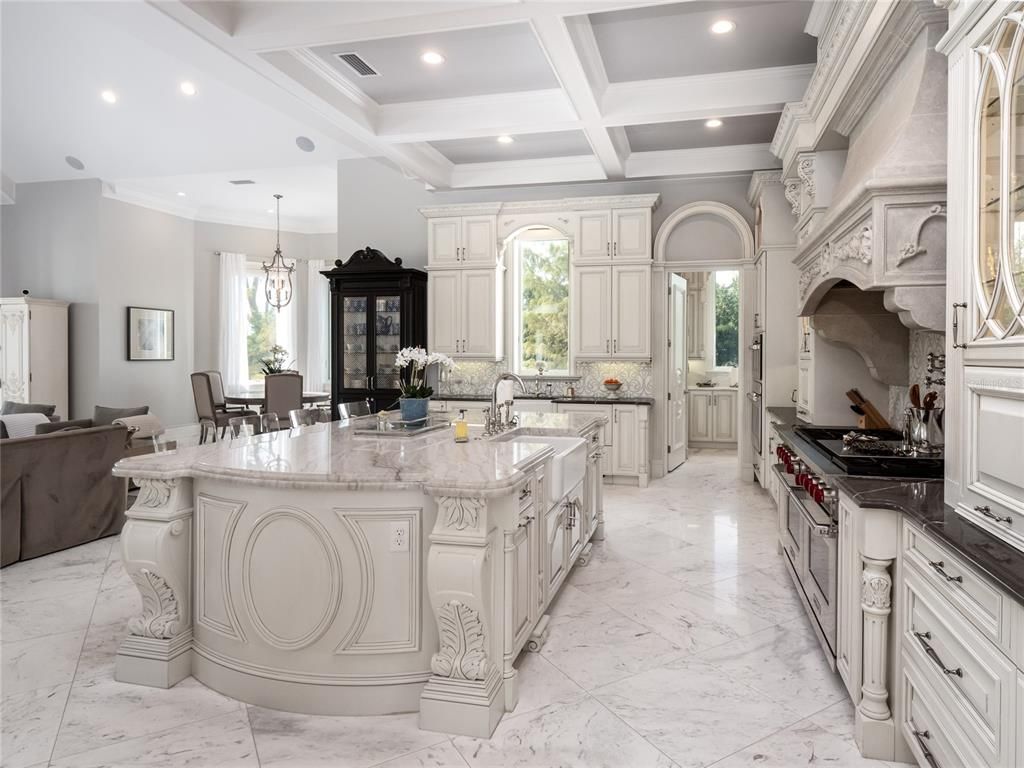 Chandelier, Dining room, Interior, Kitchen, Marble, Recessed Lighting, Stainless Steel Appliances