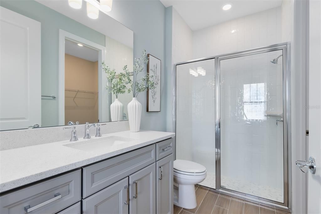 Bathroom, Glass Shower, Interior, Recessed Lighting, Wood Texture Flooring