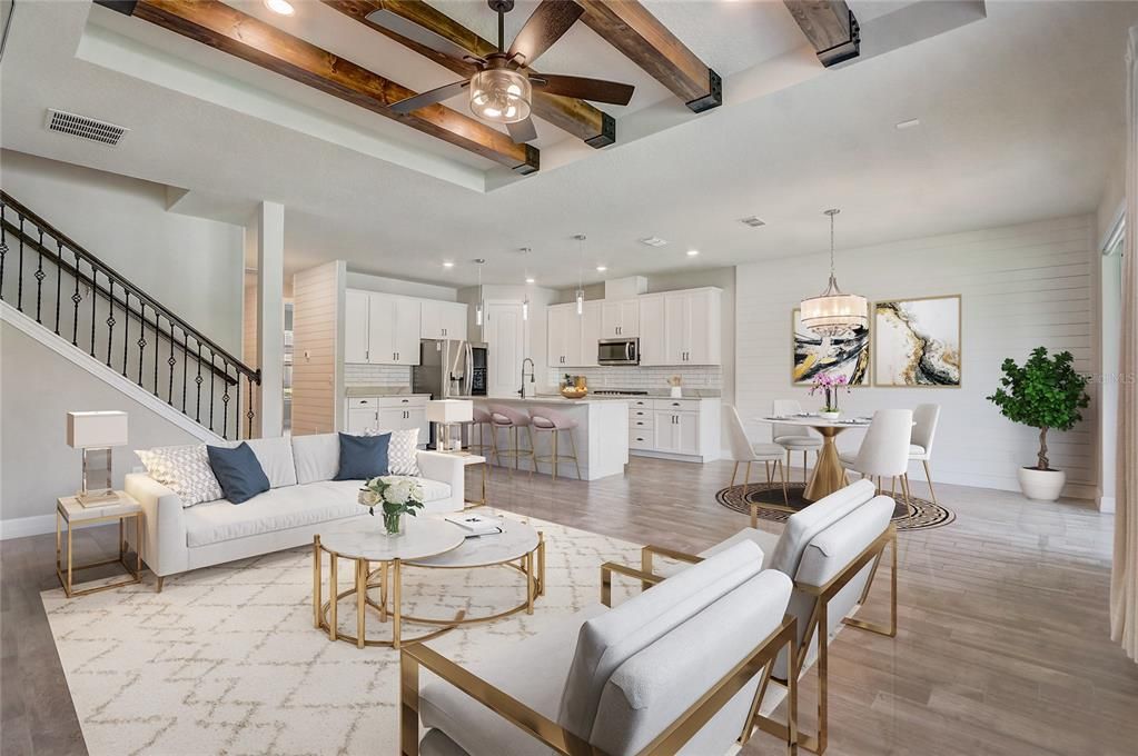 Dining room, Interior, Kitchen, Living room, Pendant Lights, Recessed Lighting, Stainless Steel Appliances, Wooden Beams, Wood Texture Flooring