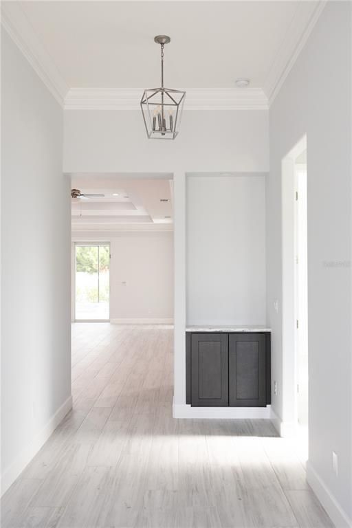 Empty room, Interior, Pendant Lights, Recessed Lighting, Wood Texture Flooring