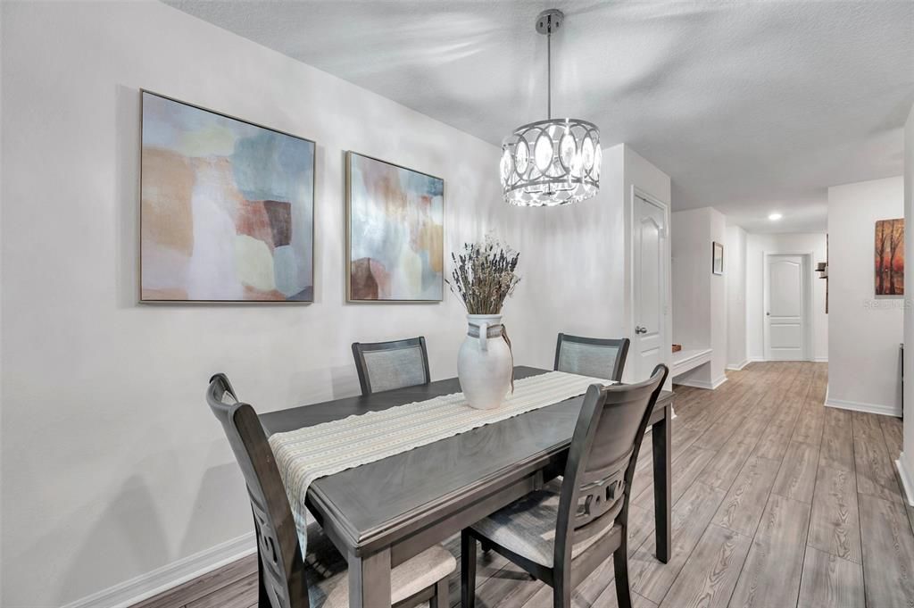 Chandelier, Dining room, Interior, Pendant Lights, Recessed Lighting, Wood Texture Flooring