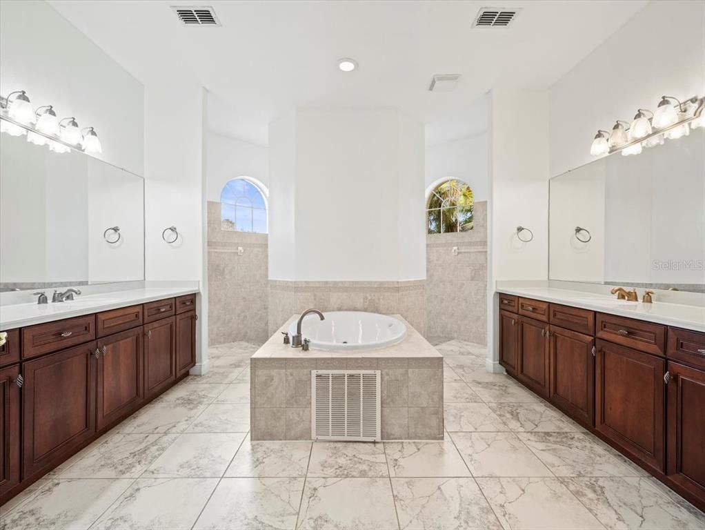 Bathroom, Dual Sink Vanities, Interior, Marble, Recessed Lighting