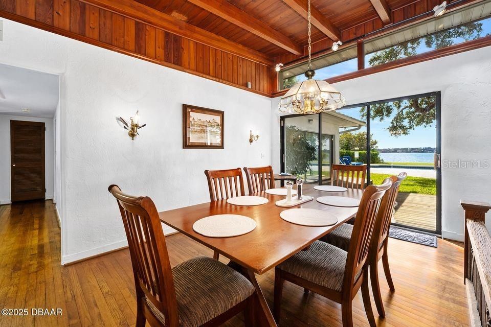 Chandelier, Dining room, Interior, Water, Wooden Beams, Wooden Ceilings, Wood Texture Flooring