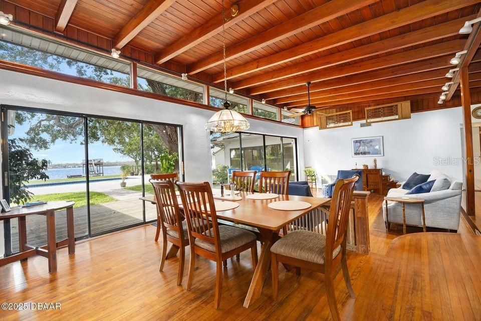 Dining room, Interior, Pendant Lights, Water, Wooden Beams, Wooden Ceilings, Wood Texture Flooring