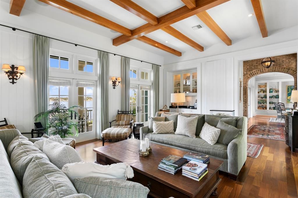 Dining room, Interior, Living room, Recessed Lighting, Stone Walls, Wooden Beams, Wood Texture Flooring