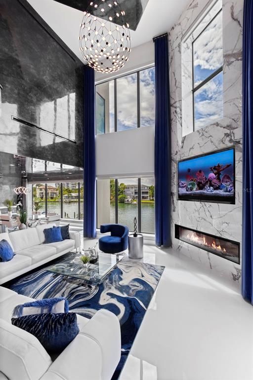 Fireplace, Interior, Living room, Marble Walls, Pendant Lights, Water