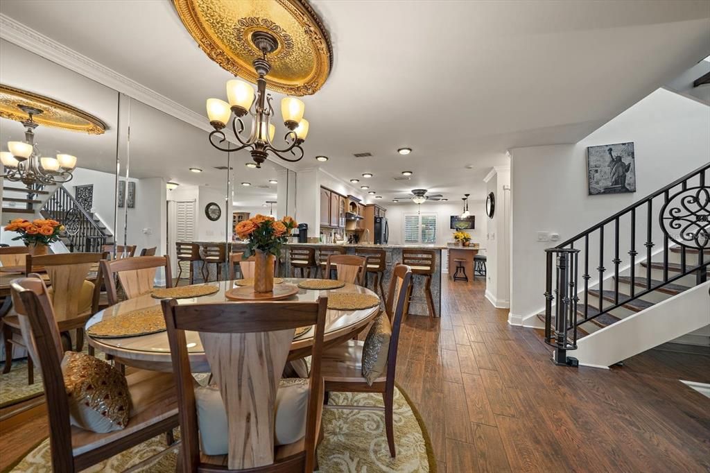 Chandelier, Dining room, Interior, Kitchen, Recessed Lighting, Wood Texture Flooring