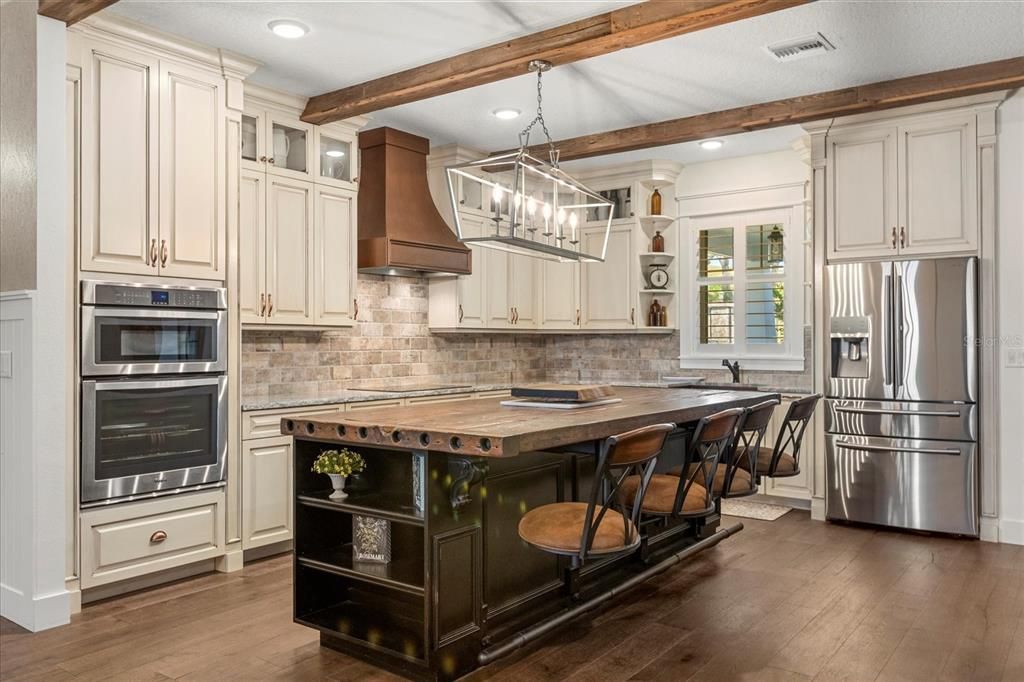 Interior, Kitchen, Pendant Lights, Recessed Lighting, Stainless Steel Appliances, Wooden Beams, Wood Texture Flooring