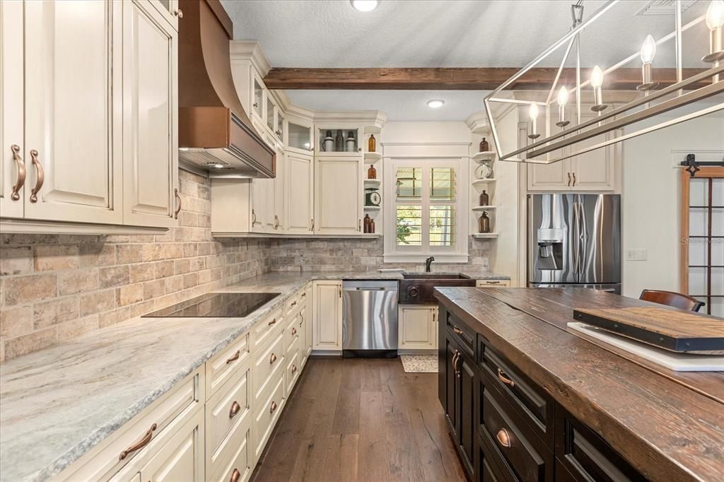 Interior, Kitchen, Recessed Lighting, Stainless Steel Appliances, Wooden Beams, Wood Texture Flooring