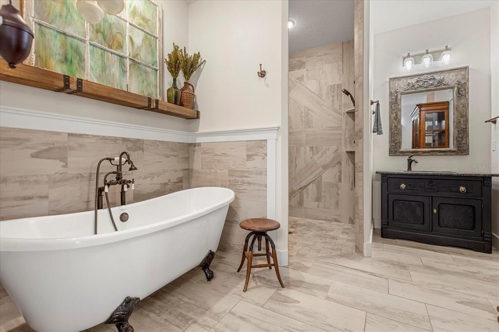 Bathroom, Free Standing Baths, Glass Shower, Interior, Marble, Marble Walls, Recessed Lighting