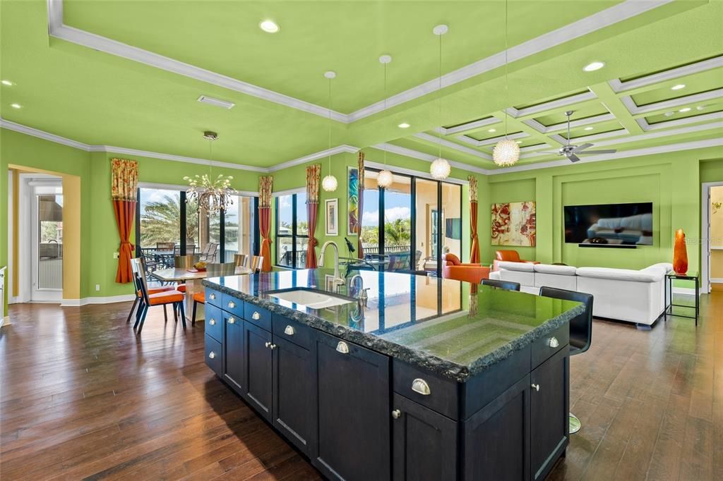 Chandelier, Dining room, Interior, Kitchen, Living room, Pendant Lights, Recessed Lighting, Wood Texture Flooring