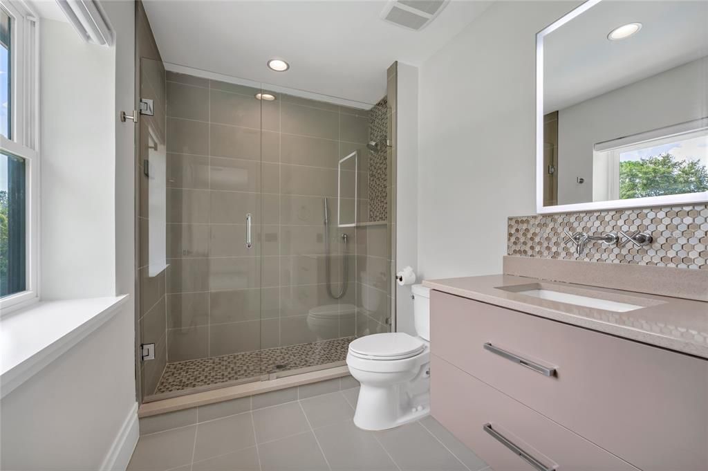 Bathroom, Glass Shower, Interior, Recessed Lighting