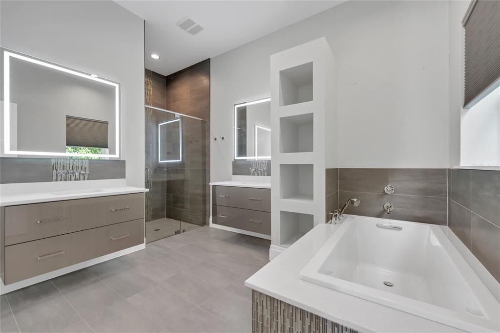 Bathroom, Dual Sink Vanities, Glass Shower, Interior, Recessed Lighting