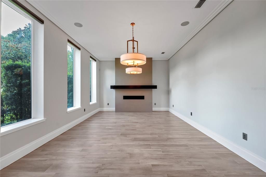 Empty room, Fireplace, Interior, Pendant Lights, Wood Texture Flooring