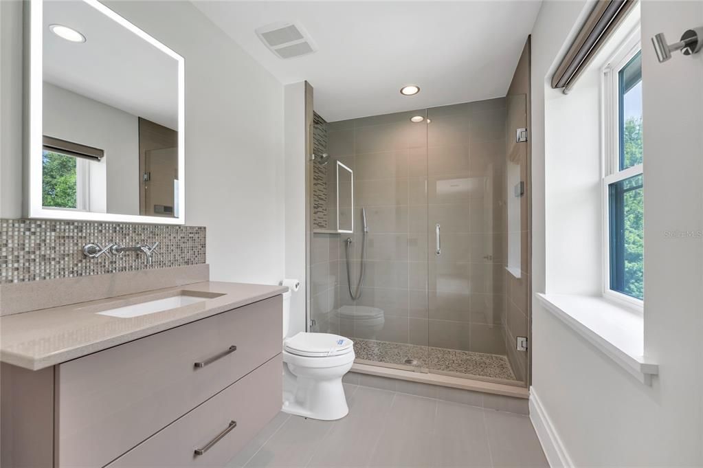 Bathroom, Glass Shower, Interior, Recessed Lighting