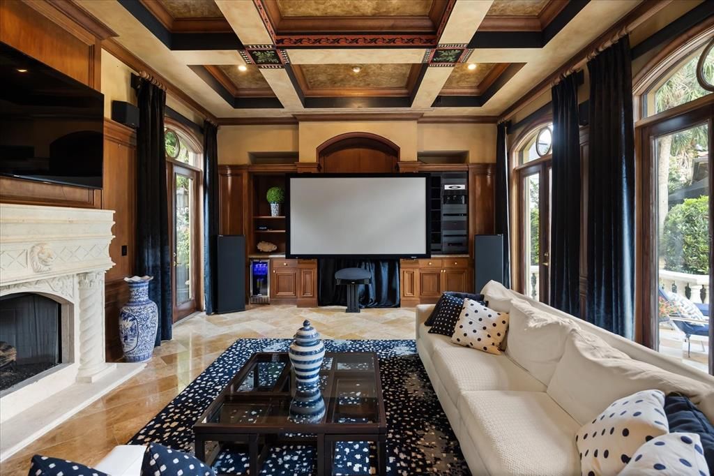 Fireplace, Interior, Living room, Projection Screen, Recessed Lighting